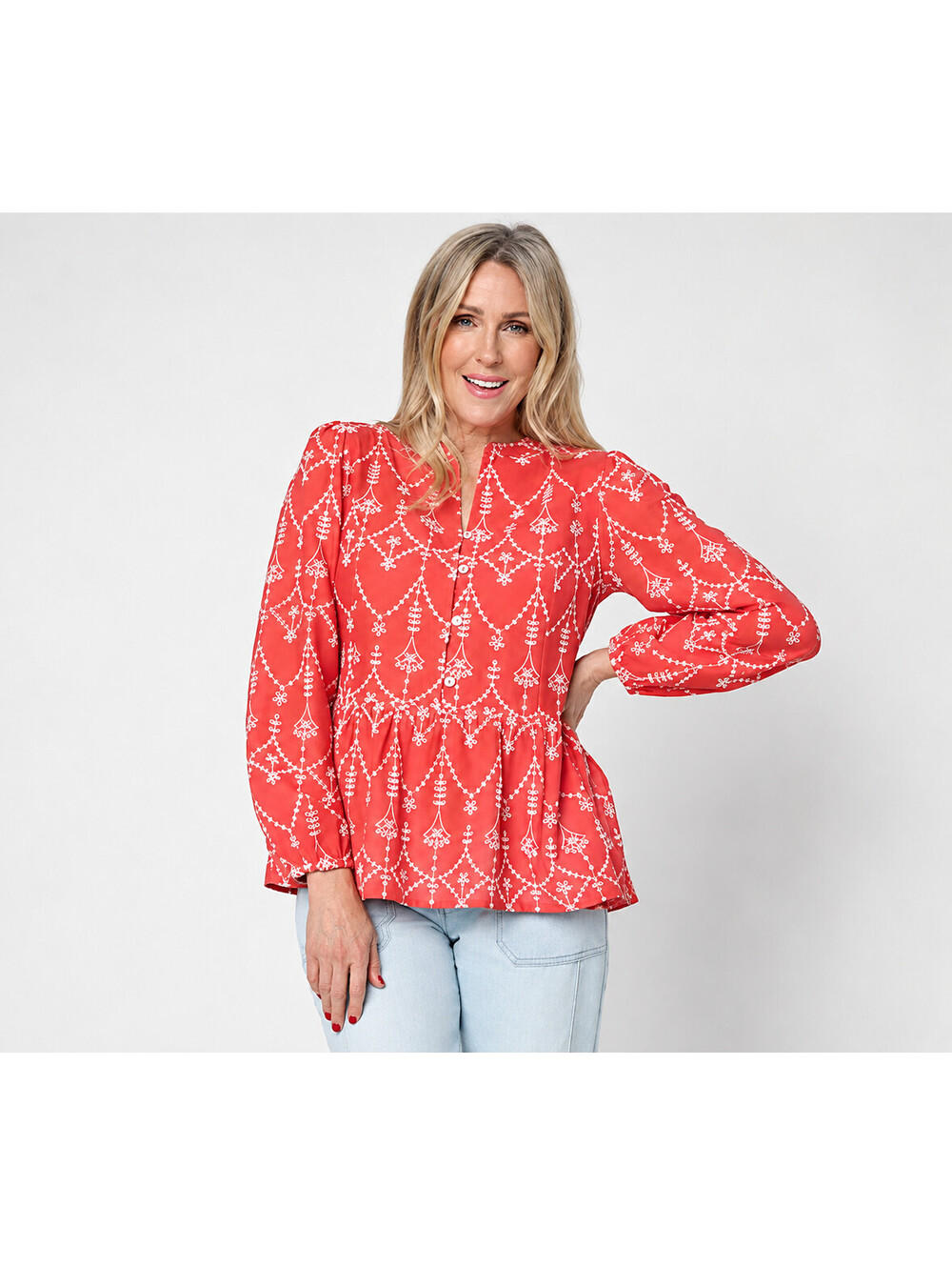 LOGO Lavish by Lori Goldstein Embroidered Long Sleeve Blouse Burnt Rouge,Size 1X